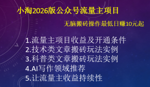 小淘2026版公众号流量主项目，无脑搬砖操作最低日赚10元起-小淘项目甄选